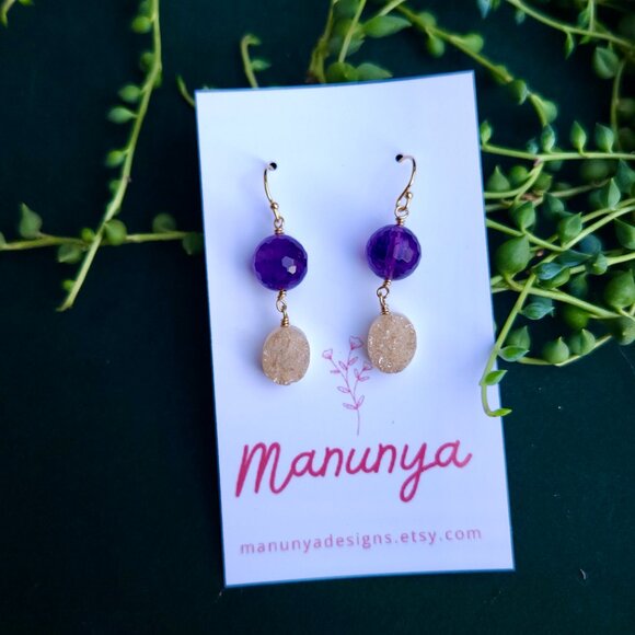 Amethyst Druzy Drop Earrings - Semi-Precious Amethyst & Druzy - Picture 4 of 5